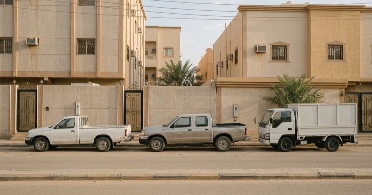 ونيتان وشاحنة دينا صغيرة بصندوق مغلق متوقفة جنبًا إلى جنب أمام بيوت في شارع سكني هادئ