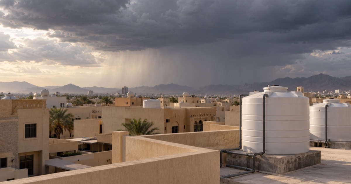 غيوم مطر داكنة تقترب من أسطح بيوت عليها خزانات مياه بيضاء، وجبال في الأفق قبل موسم الأمطار