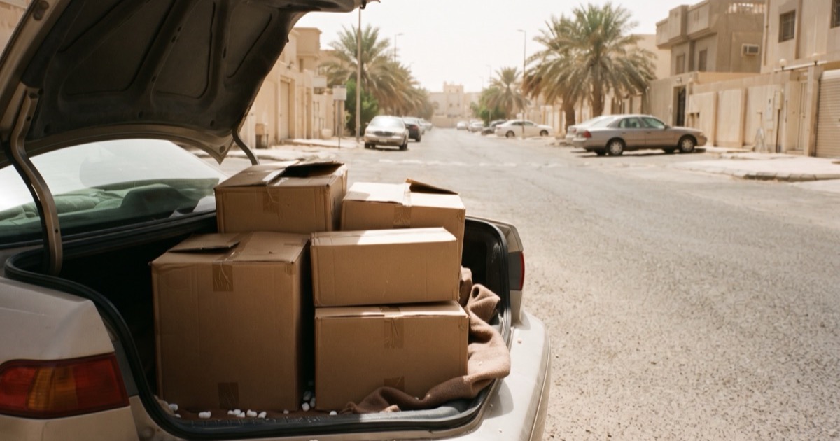 كراتين نقل مكدسة داخل صندوق سيارة مفتوح في شارع سكني تحت شمس صيف قوية وجو مغبر