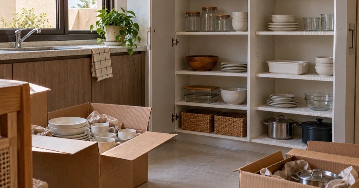 مطبخ بيت جديد أثناء ترتيبه، خزائنه مفتوحة ومرتبة بالأواني، وعلى الأرض كراتين فيها صحون وقدور